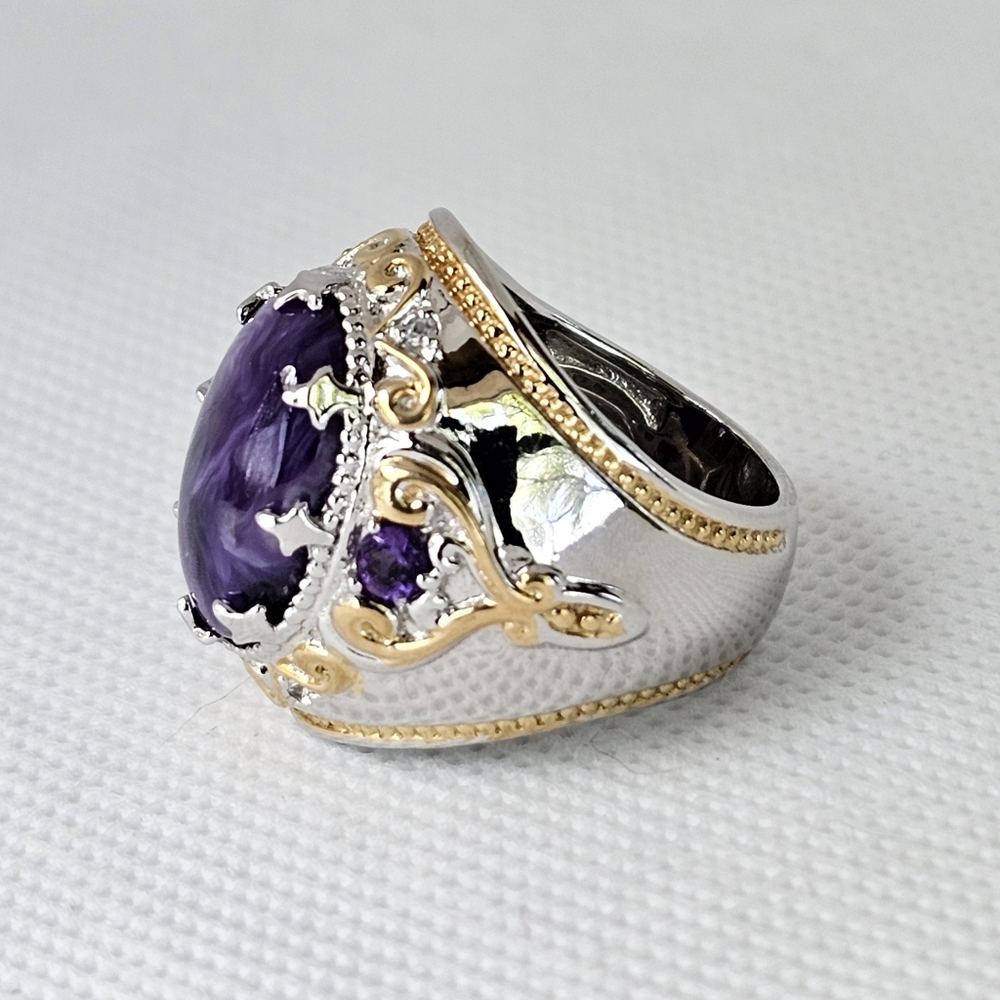 Genuine Charoite & Amethyst Ring Palladium Sterling Silver 18k YG Size 6.5! - Picture 4 of 9